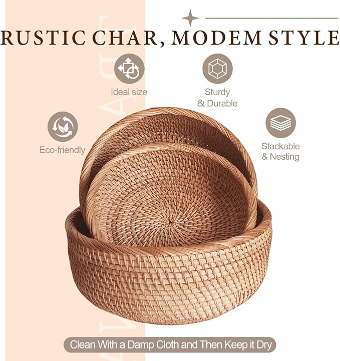 Rattan 9.2" Medium Round Bread Basket for Fruit, Natural Wicker Fruit Basket for Kitchen Counter, Hand Woven Wicker Food Baskets, Bread Baskets for Serving, Gift Basket for Gifts, Vegetable,Snack,Etc.
