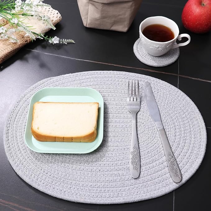 Braided Placemats Set of4 Cotton Fabric Oval Table Mats Non Slip Washable 16 * 12 inch Oval Place Mats, 4 Pack Grey Woven Placemats