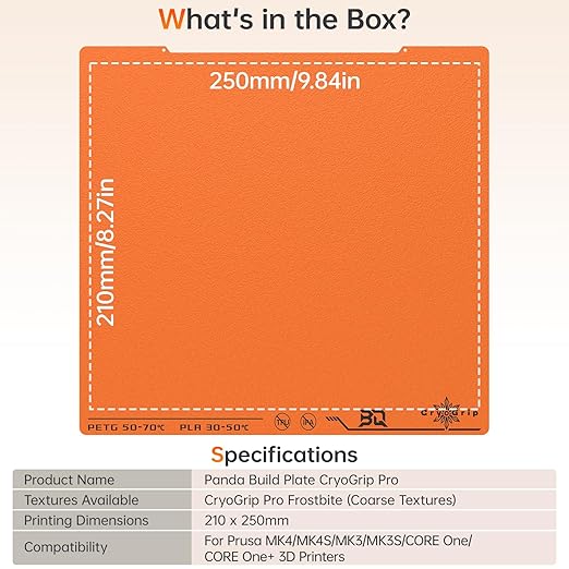 BIQU CryogripPro Frostbite Matte Orange Cold Build Plate for Prusa MK4/MK4S/MK3/MK3S/CORE One/CORE One+ 3D Printers 254.5x241.5MM Double-Sided Upgrade Room Temperature Print Removable Surface Platform