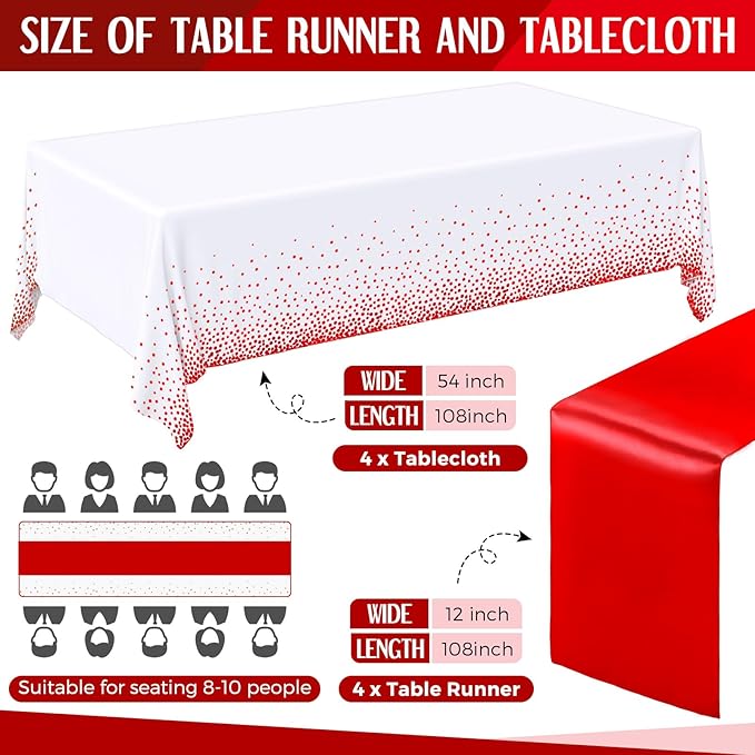 Breling 8 Pack White and Red Disposable Plastic Tablecloths and Satin Table Runner Set, 54 x 108 Inch Tablecloth, 12 x 108 Inch Table Runners for Wedding Graduation Birthday Baby Shower