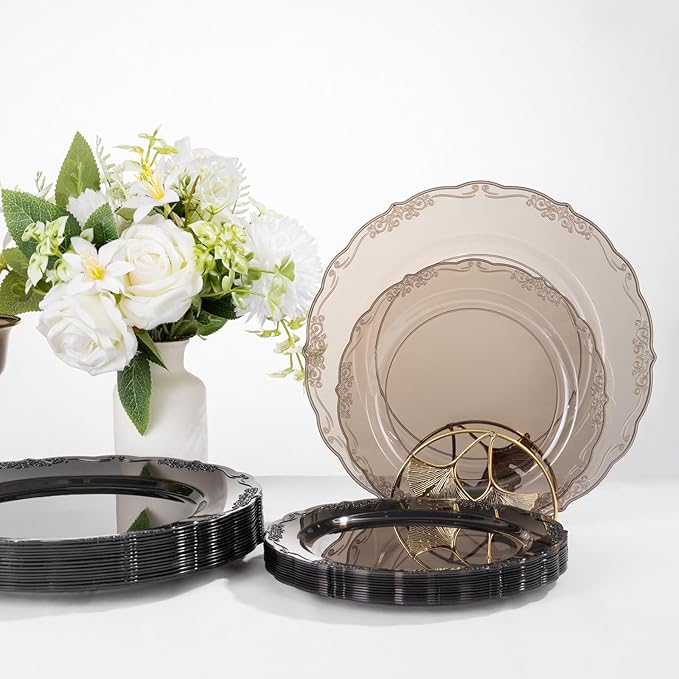 U-QE 100PCS Clear Black Plastic Plates - Heavy Duty Black Disposable Plates Including 50PCS 10'' Dinner & 50PCS 7.5'' Dessert Plates - Hard Plastic Platos for Party & Wedding & Bridal Shower