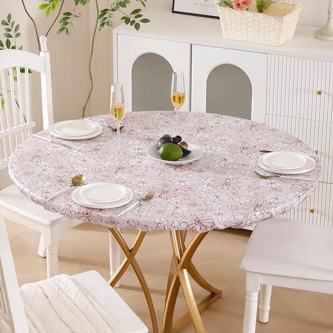 Walrus Round Vinyl Fitted Tablecloth with Flannel Backing Elastic Edge Design Table Cover Waterproof Oil-Proof PVC Table Cloth Stain-Resistant Best for 57"-66" Round