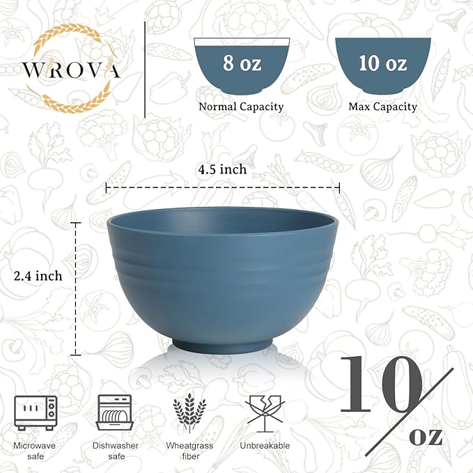 Wrova Handy Wheat Straw Bowls Set of 6,Unbreakable Ice-Cream Bowls Sets for Kids,10oz Small Dessert Bowls for Kitchen,Camping and RV.Vibrant Series
