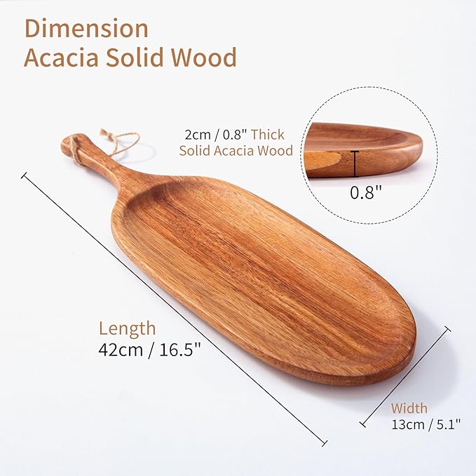 3PCS Heavy Wood Plates 16.5" Wooden Plates with Handl Reusable Dinner Plates Tableware Set of 3Acacia Solid Wood Plate Havry Wooden for Meat Steak Dessert Bread Unbreakable Classic Plate
