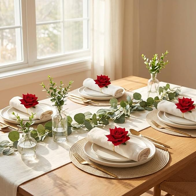 Honeydak 24 Set Valentine's Day Napkin Ring Rose Flower Metal Napkin Ring Designed with Rose Serviette Buckle for Valentine's Day Wedding Anniversary Party Dinner Table Decoration (Red)