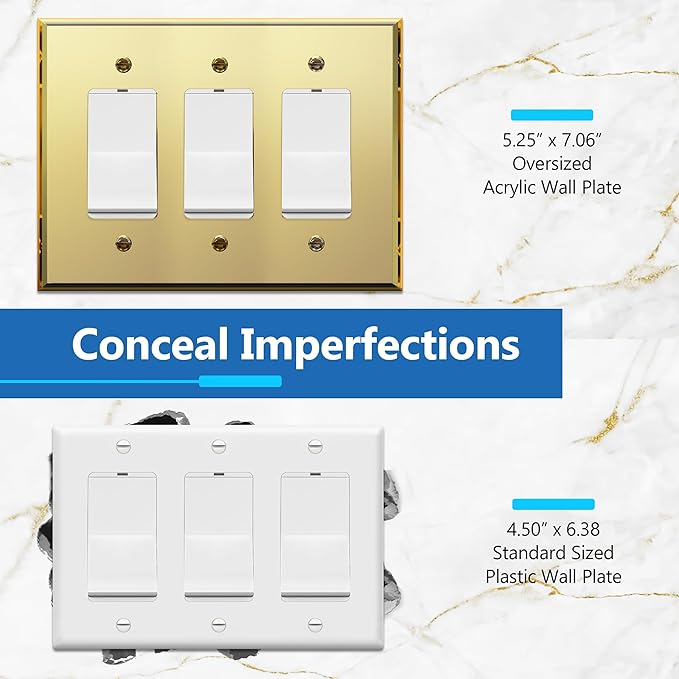 LIDER Reflective Acrylic Decorator Wall Plate, Mirrored Light Switch Plate, Plexiglass Outlet Cover, Acrylic Glass, Oversized 3-Gang 5.25" x 7.06", LWP-33O-AGD, Gold