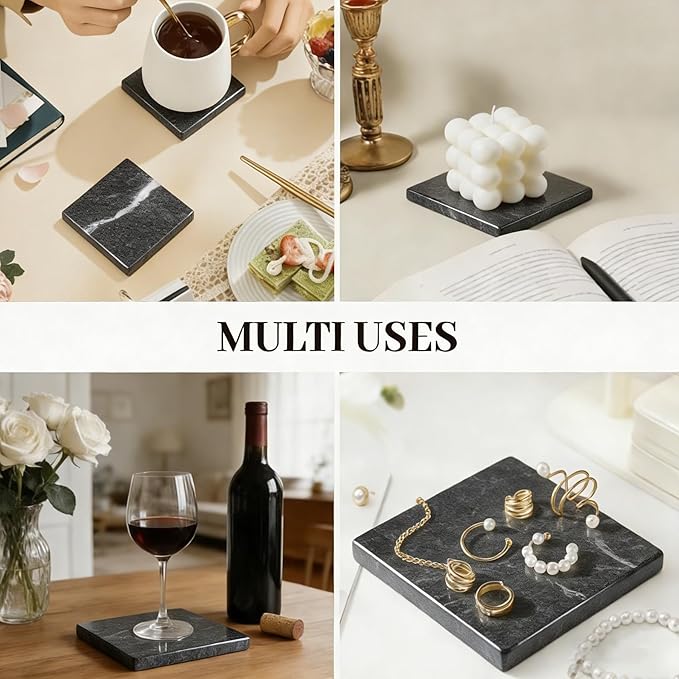 Natural Marble Coasters, Square Costers, Luxury Aesthetic Modern Decor for Coffee Table Bar Kitchen Home, Grey Marble, Real Natural Semi Absorbent Stone Coasters