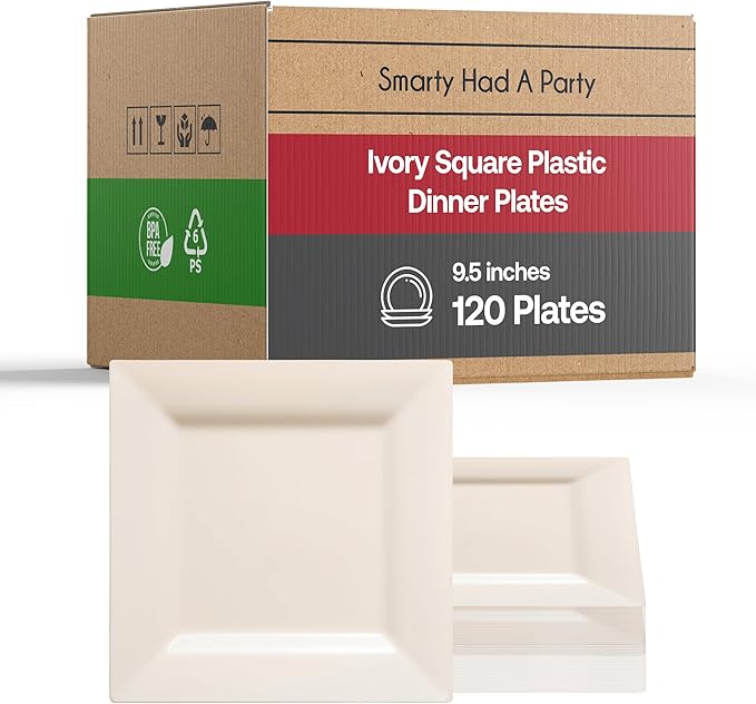 Smarty Had A Party 120 Disposable Plastic Dinnerware, 9.5" Fancy Square Ivory Plates for Parties and Events, Heavy Duty Supplies for All Occasions