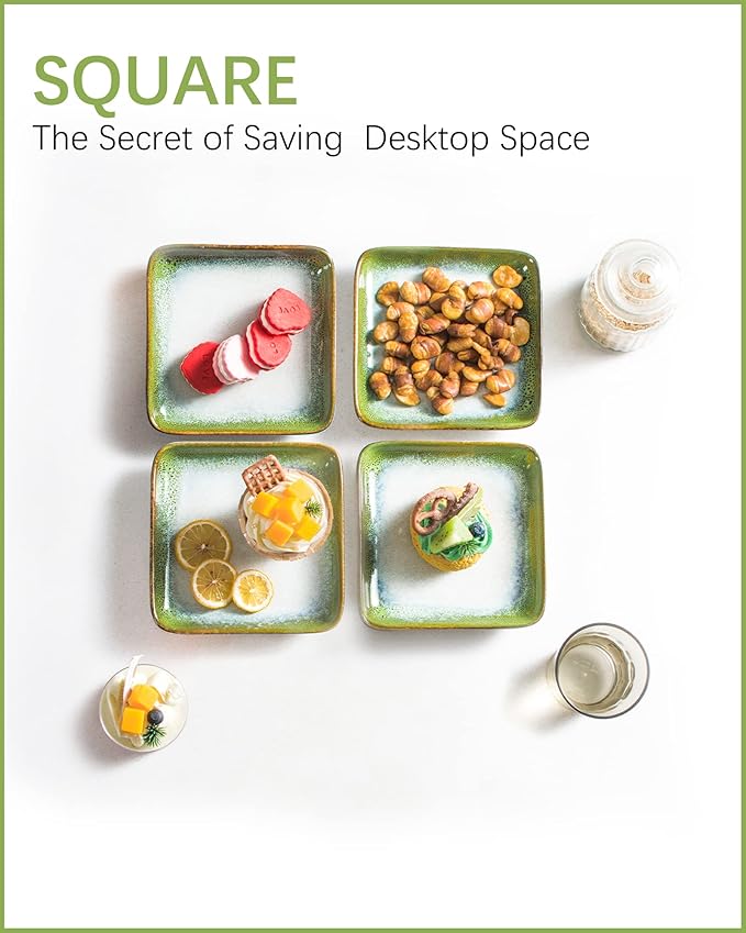 HENXFEN LEAD Small Square Ceramic Plates 6.3 Inch – Dessert, Appetizer & Snack Plates Microwave & Dishwasher Safe – Set of 4, Reactive Glaze Green