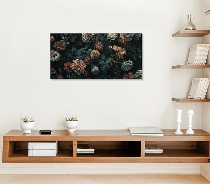 ADJUVANT Wall Art Floral 48"L x 24"W, Dark Hued Vintage Flowers With Lush Foliage Canvas Painting Elegant Blooms Artwork Retro Garden Prints Floral Wall Decor for Living Room Bedroom Study Home Office