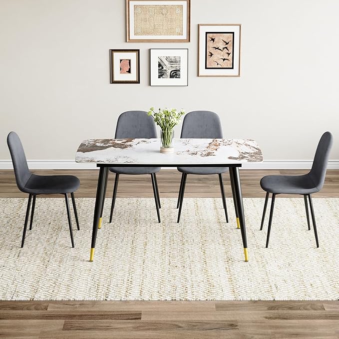 5 Piece Dining Table Set,4 Chair Dining Table Set, Sintered Stone Kitchen Table Top and Modern Chairs Set of 4 for Kitchen Dining Room, Small Space