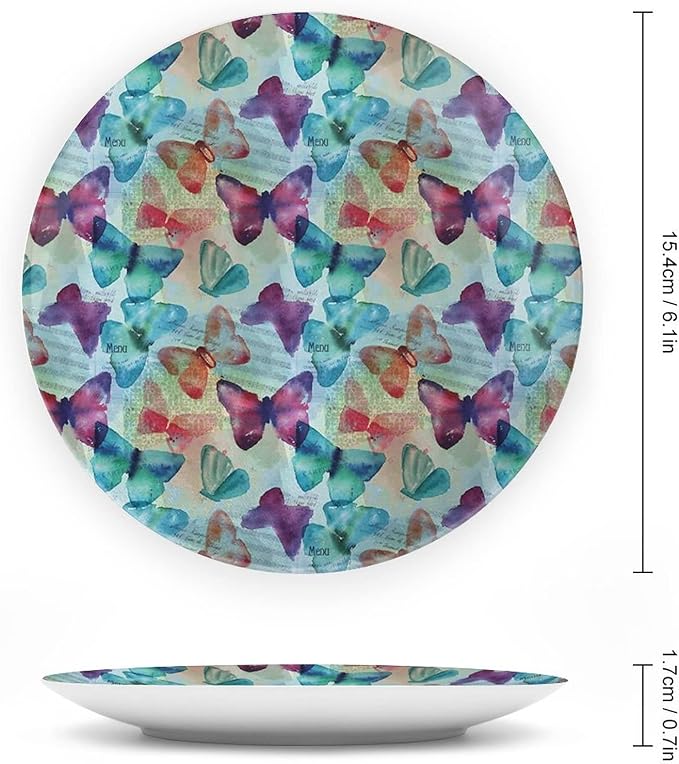 Ceramic Plates, Abstract Decorative Ceramic Plates, Watercolor Rainbow Colored Butterflies and Letterings Music, 6 Inch, for Dining, Parties, Wedding, Multicolor