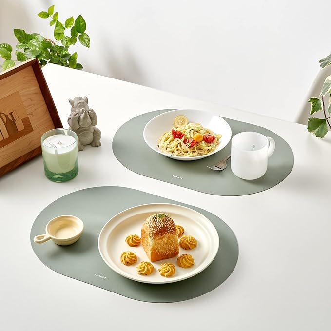 Mint Green Oval Silicone Placemats Set of 6 – Heat Resistant, Waterproof, Easy to Clean Non-Slip Modern Dining Table Mats – Premium Leather Textured Japandi Kitchen Decor