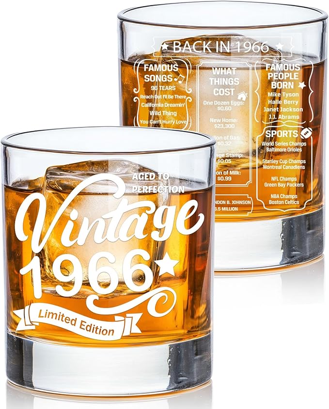 Old Fashioned Glasses-1966-Vintage 1966 old time information 10.25oz Whiskey Rocks Glass -60th Birthday Aged to Perfection - 60 years old gifts Bourbon Scotch Lowball Old Fashioned-1PACK