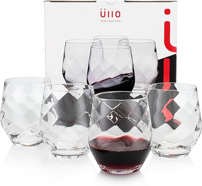Üllo Aer Crystal Stemless Wine Glasses with Aerating Swirl Design for Enhanced Flavor, Clear, Set of 4