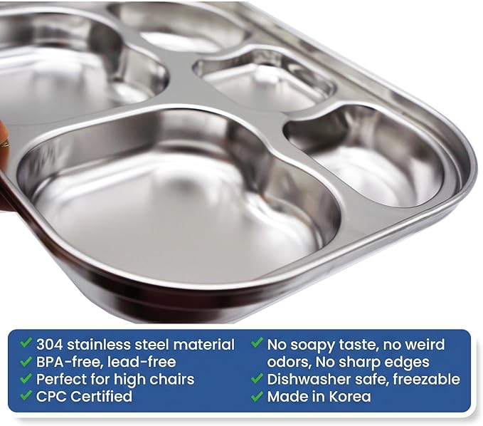 Korean Stainless Steel Divided Plates for Toddlers, Kids, Babies, Premium 304, Electro-Polished, No Black Residue, BPA-Free, 5-Compartment Food Tray, Camping, Picky Eaters, Set of 2