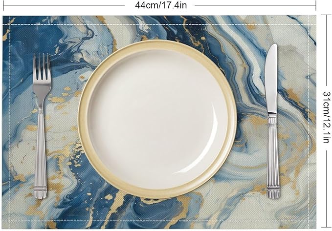 Marble Linen Placemats Set of 2, Modern Luxury Foil Texture Blue White Gold Marble 12x17 Inch Washable Table Mats Non Slip Placemats for Wedding Party Kitchen Banquets Dining Decoration