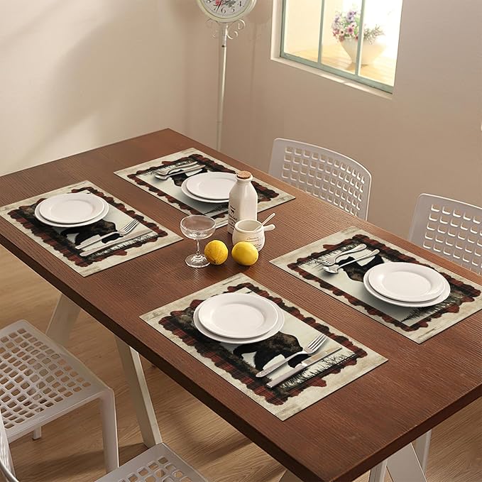 Bear Placemats Set of 6, Farmhouse Cabin Place Mats, Country Rustic Wild Animal Waterproof Washable Table Mats for Home Party Indoor Kitchen Dining Table Decoration 12x18 Inch