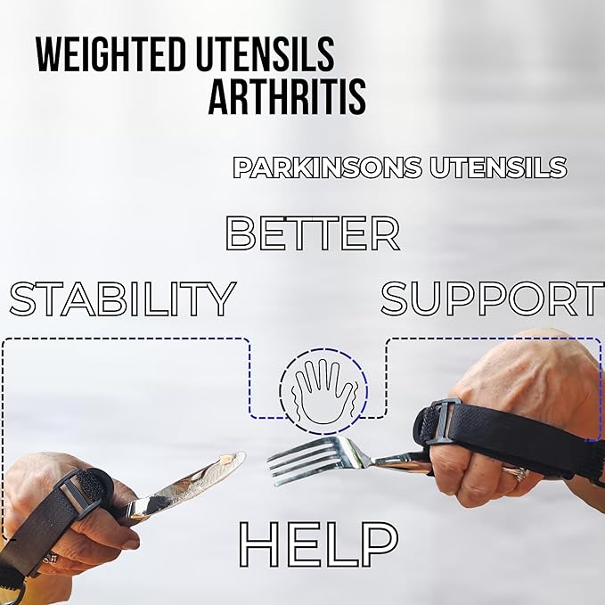 weighted utensils for hand tremors | weighted utensils for tremors and parkinsons patients | Set 4 Piece with Universal Cuff easy grip & cover | Elegant weighted silverware with Gift Box