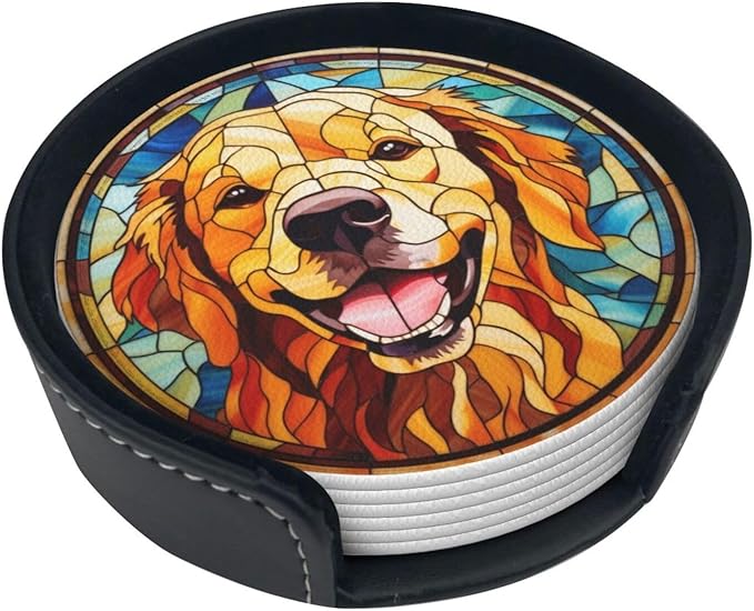 Drink Coaster Set of 6, Golden Retriever Dog Mom Lover Gift,Leather Drink Coasters with Holder,6 Pack Cup/Bar/Drink Coasters for Table/Drinks/Coffee Protection Housewarming Gift