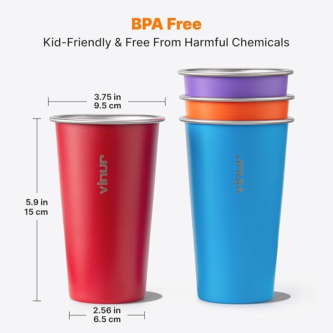 VINUR 20 oz Stainless Steel Cups 4 Pack Pint Tumbler Stackable Metal Drinking Glasses for Travel, Camping, Outdoors (Purple-Orange-Sky Blue-Canyon Red)