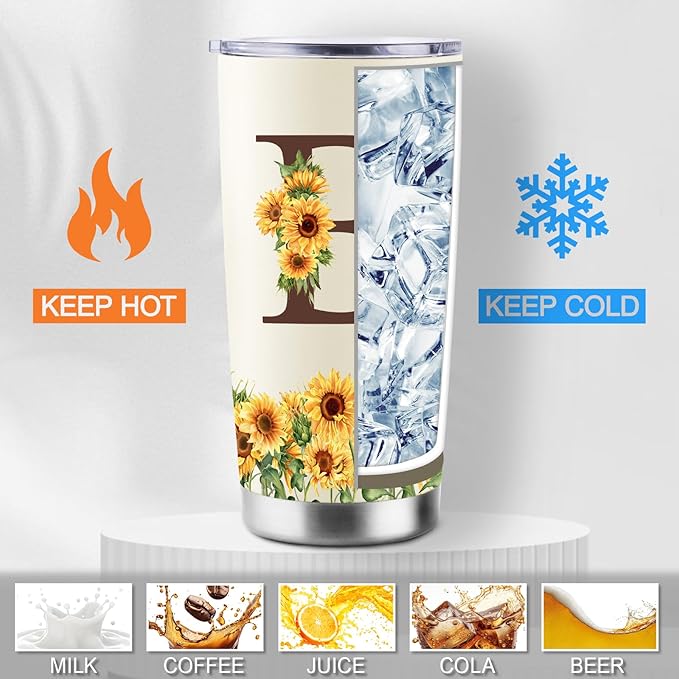 Sunflower Gifts for Women - Personalized Christmas Gifts for Women - Birthday Gift for Woman - Mothers Day Gift for Mom - Monogrammed, Initial 20oz Travel Cup Insulated Tumbler with Lid, B