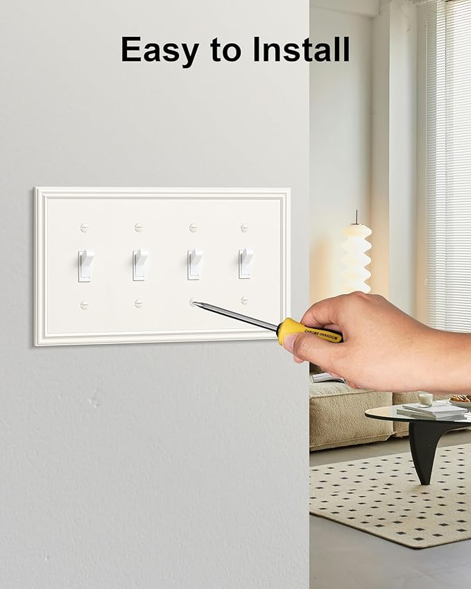 2-Pack Quad Toggle Light Switch Cover Plate, Durable Zinc Alloy Decorative Switch Plate Covers, Light Almond 4 Gang Switch Plates, Corrosion Resistant