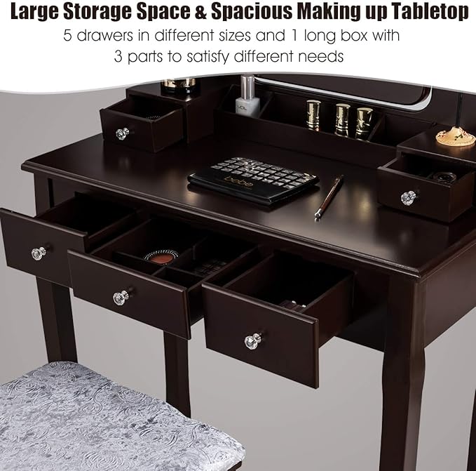 DORTALA Vanity Table Set w/ 360-Degree Rectangular Mirror & Cushioned Stool, Makeup Table w/ 10 LED Dimmable Bulbs, Bedroom Wood Dressing Table w/ 5 Drawers & Removable Box Organizer, Brown