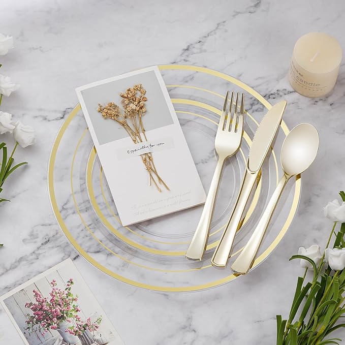 BESTVIP 200PCS Clear Gold Plastic Plate, Disposable Party Plates with 100 Dinner and 100 Dessert Plates, Plastic Plate for Party, Wedding and Birthday