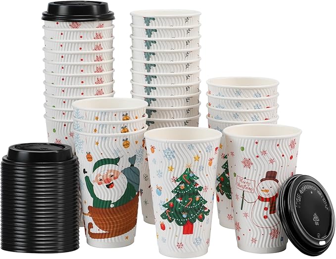 100 Count Christmas Paper Cups, Xmas 16 oz DisposableCoffee Cups Snowflake Santa Snowman Elk Christmas(16oz 100Count)