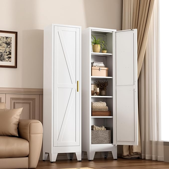 Narrow Metal Cabinet with 4 Adjustable Shelves and Barn Doors,Tall Bathroom Storage Cabinet, Metal Pantry Organizer for Kitchen,Home Office, Dining Room,White