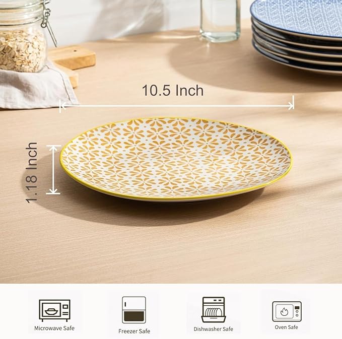 Dinner Plates Set of 6, 10.5 Inch Ceramic Dish Set Plate Set for Kitchen, Microwave, Oven and Dishwasher Safe, Scratch Resistant