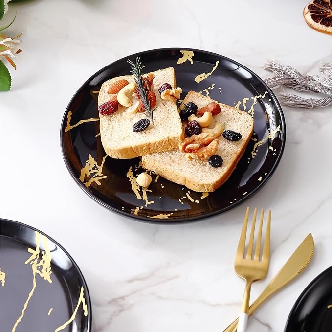 6-Piece Dinner Plate Set, 10-Inch Black Marble Ceramic Plates with Gold Rim, Oven & Microwave Safe, Elegant Appetizer Salad Dessert Plates for Modern Dining, Dishwasher Safe.