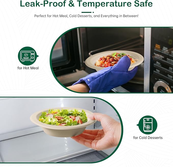 𝟭𝟮 𝗼𝘇, 𝟭𝟮𝟴-𝗣𝗮𝗰𝗸 Compostable Paper Bowls, Heavy-Duty Biodegradable Disposable Bowls Made from Bagasse, Eco-Friendly, Microwave & Freezer Safe (Natural)