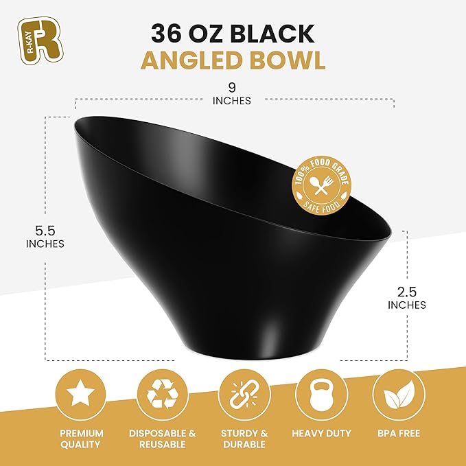 R-kay 6 Pack Black Large Plastic Bowls - Premium Plastic Serving Bowls Heavy Duty For Weddings Catering, Parties, And All Occasions 36 Oz (Black, Large)