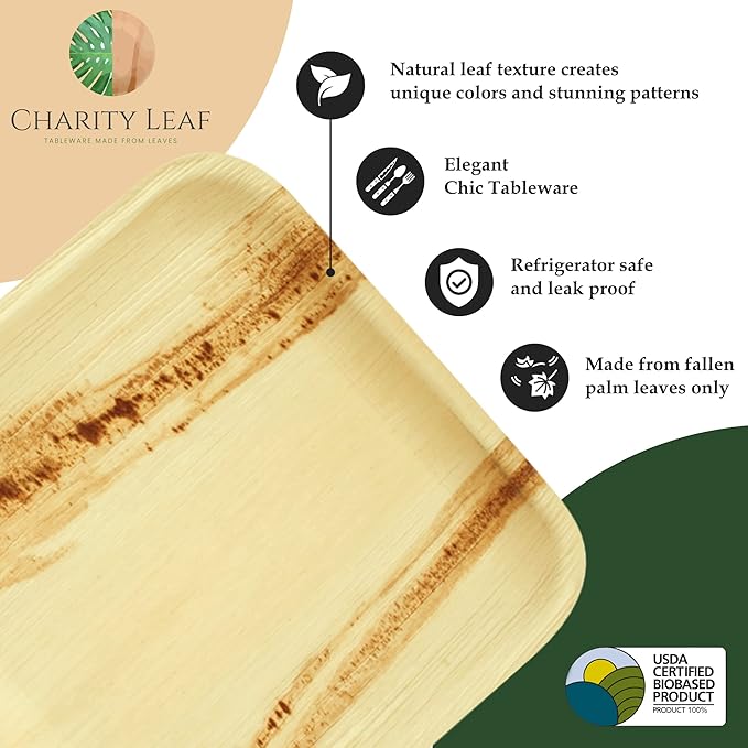 Charity Leaf Disposable Palm Leaf 4" Square Bowl (200 pcs) Dipping Bowls | Bamboo Like| All Natural and Biodegradable | Charcuterie Boards, BBQs, and Parties