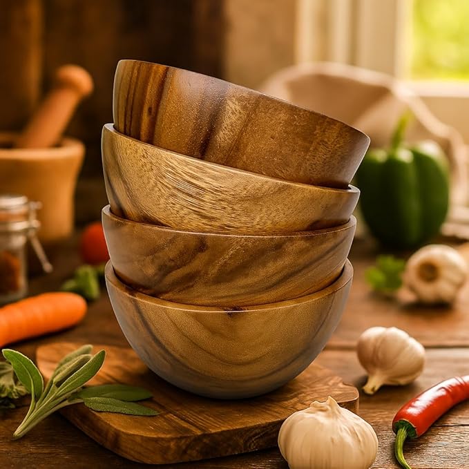 Wooden Bowl Set of 4, Small Acacia Wood Bowls, 5” Diameter, 2.5” Tall, 8 oz Capacity, Handcrafted Bowls for Salad, Snacks, Fruit & Kitchen Gifting