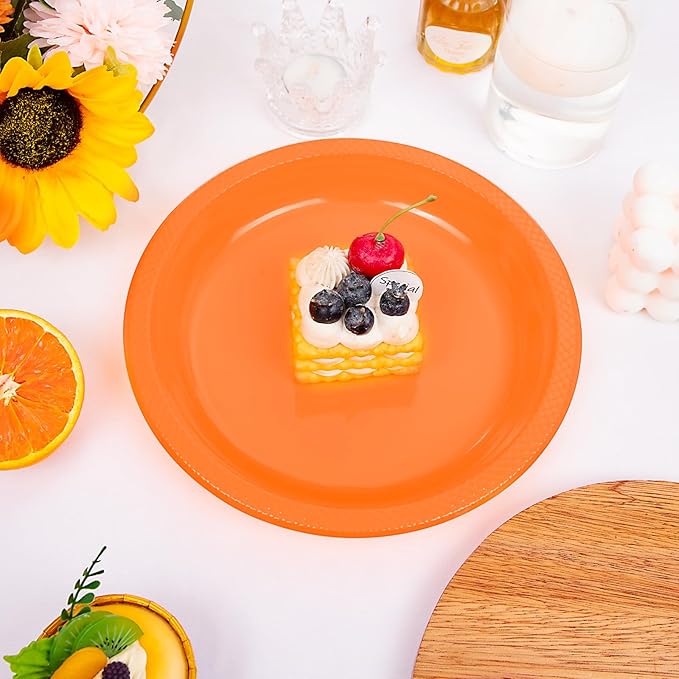 WELLIFE Orange Party Plates 9 Inch -150 Count, Plastic Disposable Dinner Plates for Party Easter Picnic BBQ Wedding Engagement Birthday