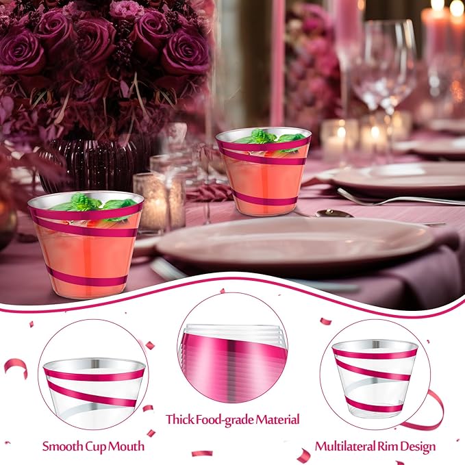 Gejoy 9 oz Rimmed Swirl Plastic Cups Disposable Wine Drinking Cups Clear Elegant Halloween Tumblers for Christmas Party Supplies(Hot Pink,24 Pcs)