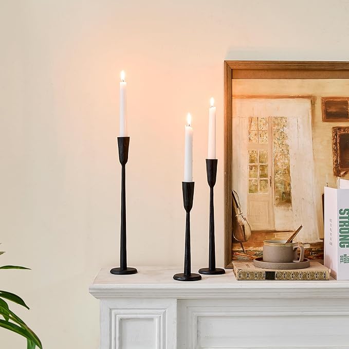 Cast Iron Taper Candle Holder Set of 3, Heavyweight Tall Candlestick Holders, for Fireplace Mantle & Dining Table, Versatile Decor for Wedding, Holiday, Home & Christmas (Black)