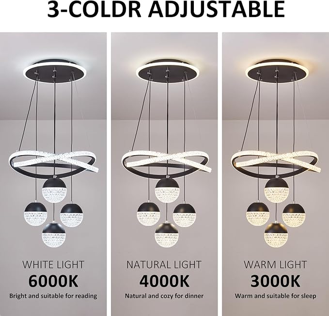 Modern LED Chandeliers, Dimmable 3-Color Kitchen Island Pendant Light for Dining Room, Bedroom, Living Room, Contemporary Hanging Ceiling Light, Linear Island Lamp ﻿