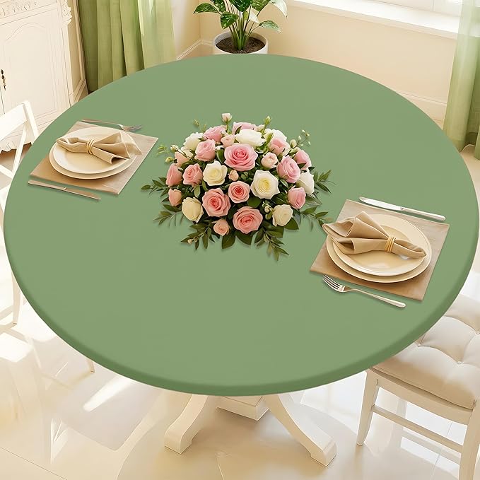 Round Spandex Tablecloth, Elastic Fitted Waterproof Tablecloths for 57"-68" Tables, Stretch Washable Picnic Table Cover for Camping, Dining, Indoor and Outdoor, Sage Green