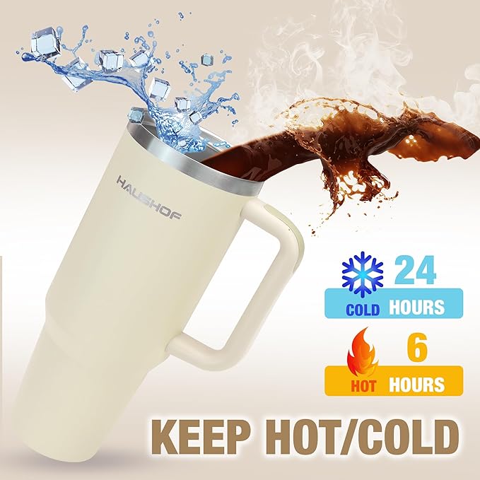 HAUSHOF 40 oz Tumbler with Handle and Straw, Insulated Stainless Steel Coffee Tumbler with Tritan Lid, Double Walled Travel Mug Water Bottle Cup, Large Tumbler for Hot and Cold Drinks