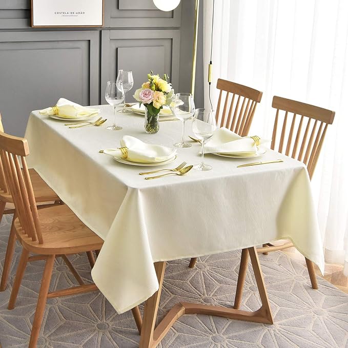 maxmill Jacquard Tablecloth Swirl Design Spillproof Wrinkle Free Heavy Weight Soft Table Cloth Decorative Fabric Table Cover for Outdoor and Indoor Use Oblong 60 x 120 Inch Ivory