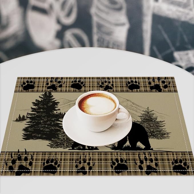 Retro Farmhouse Placemat Set, Rustic Brown Tartan Check Wildlife Bear Paw Silhouette Sketch Pine Tree Forest Pattern Home Decoration Linen Table Mats for Dining Room Kitchen Party (17x12in) x6P