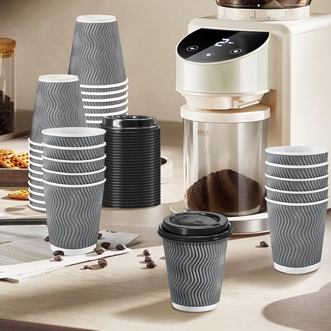 100 Pack 8 oz Disposable Coffee Cups with Lids, Insulated Ripple Wall To-Go Paper Coffee Cups Suitable for Chocolate Cocoa and Hot/Cold Drinks (Grey)