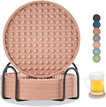 Coasters for Drinks, Silicone Coasters Set of 6 with Metal Holder, Outdoor Coaster for Coffee Table, Non-Slip Rubber Table Cup Mat Desk, Heat Resistant & Scratch-Proof (Dusty Pink)