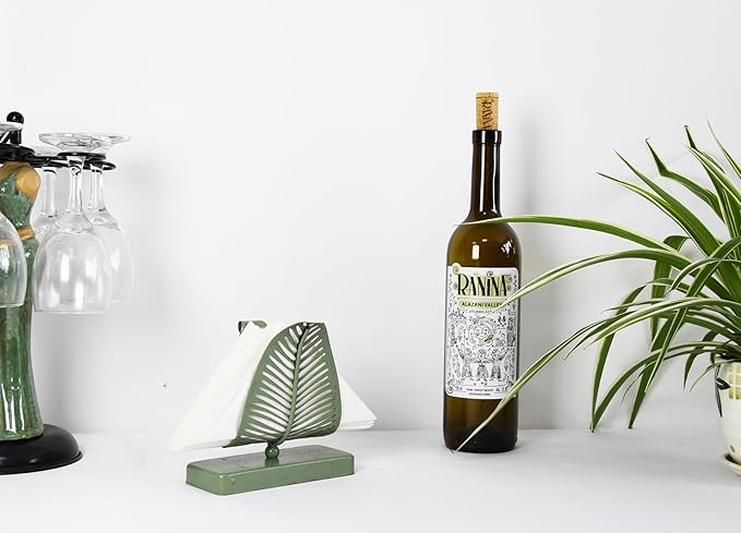 OwlGift Freestanding Modern Napkin Holder with Leaf Design, Tabletop Tissue Dispenser, Napkin Storage Organizer – Rustic Green