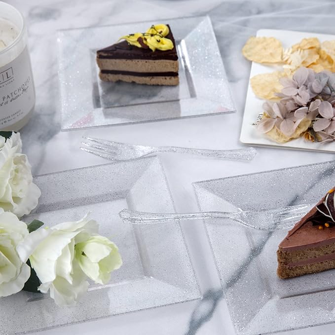 DaYammi 200Pcs Dessert Plates Set Including:100Pcs Cake Plates 6" with 100Pcs Silver Forks 5.7"- Silver Glitter Disposable Square Plate,Appetizer Plates and Forks Combo Bulk Set for Party Wedding