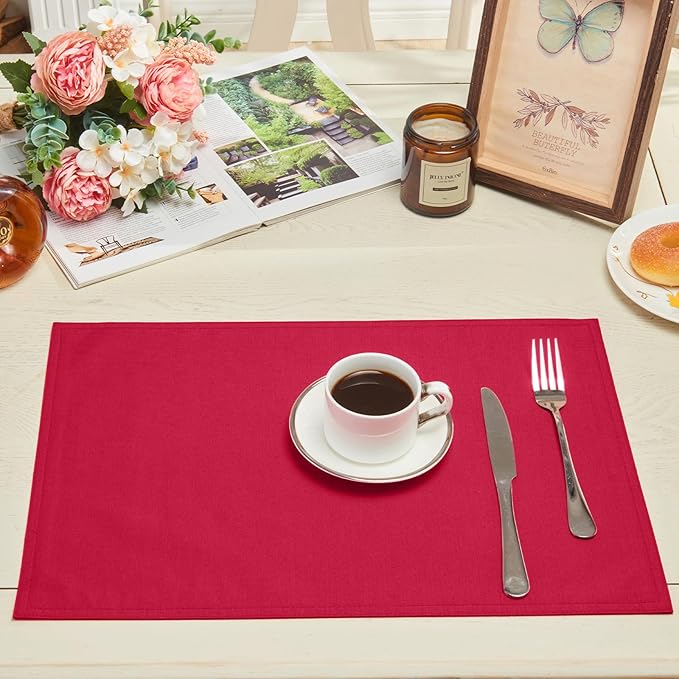 Cloth Place Mats Set of 8–Reusable Rectangular Waterproof Fabric Polyester Washable Wipeable Heat Resistant Linen for Kitchen Dining Dinner Restaurant Wedding Table(DarkRed/13x19 Inch)